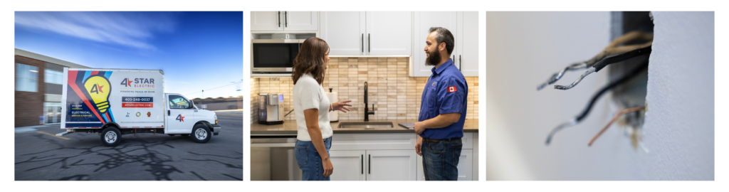 A three panel image. On the left hand side there is a picture of a 4-Star branded truck. The middle panel is of a 4-Star electrician talking to a homeowner. The right panel is showing exposed wires coming from a wall.