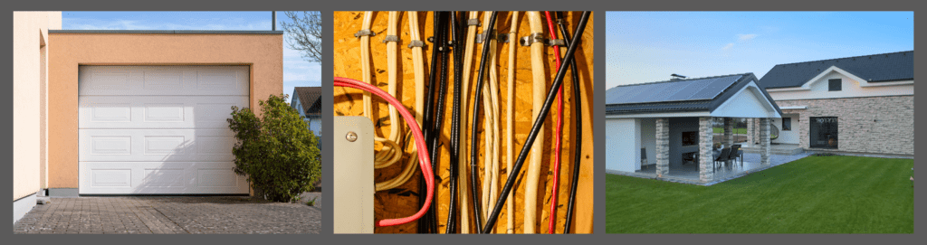 A row of three images showing a garage, an electrical panel, and a home. Highlighting the importance of checking in on your electrical panel in the garage, as easy as it may to forget it at times.