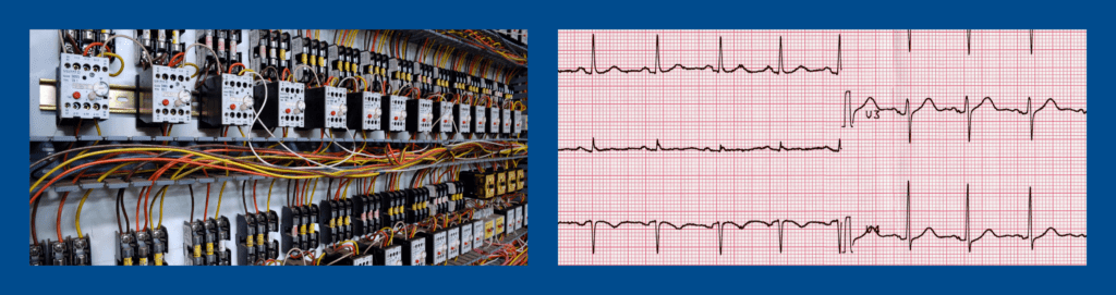 Two images side by side, one of an electrical panel and the other of a heart rate chart, illustrating the electrical panel as the heart of your home's electrical system, where all external and internal wires converge.