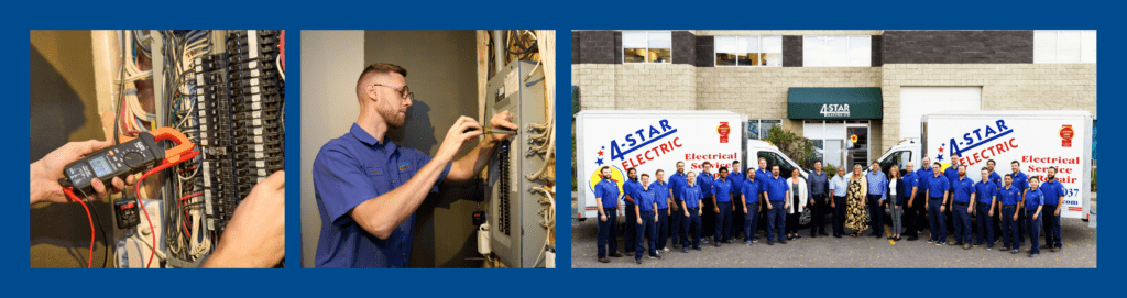 Three images. The first shows a technician checking an electrical panel. The second shows a 4-STAR Electric technician performing maintenance. The third shows the 4-STAR Electric team with a call-to-action: 'Call us today for reliable and timely service.'