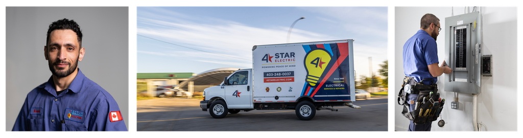 The first image is a head shot of a 4 Star Technician, the second image is an action shot of the 4 Star Truck, and the third image is a 4 Star technician working on an electrical panel.