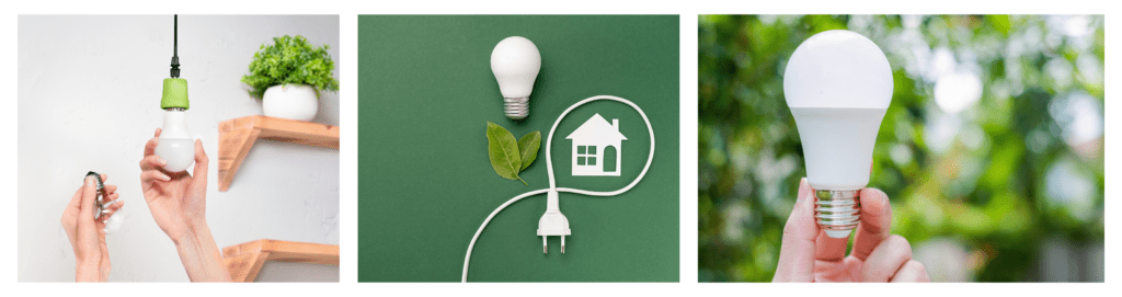 1. Female hands screwing in an energy-saving LED light bulb.
2. Top view flat lay of LED light bulb, electrical plug, leaves, and paper house on green background.
3. Energy-saving LED bulb concept with eco-friendly elements.