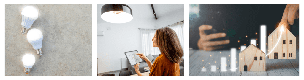 1. LED bulbs illuminating a concrete floor. 2. Young woman using a digital tablet to control home lighting in a living room, illustrating smart home technology. 3. Businessman holding wooden model houses and virtual graph, symbolizing real estate investment and future growth through energy-efficient upgrades.