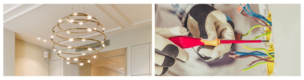 A modern kitchen with white cabinets, where a ceiling-mounted chandelier casts a warm, inviting light, enhancing the room's bright and contemporary design.

An electrician expertly installing a wall outlet, ensuring the residential electrical system is prepared and up to professional standards.