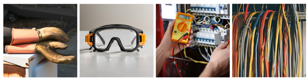 A pair of insulated gloves, prepared for use to protect a worker from electric shock. 

A pair of electrical safety glasses.

An electrician measuring voltage at a distribution board.

Close-up of live electrical wires in primary colors, hanging exposed.