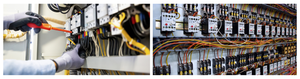 Electrician's gloved hands tightening a switching electrical actuator in a fuse box.  

Electrical wiring panel at an assembly line factory, featuring controls and switches.