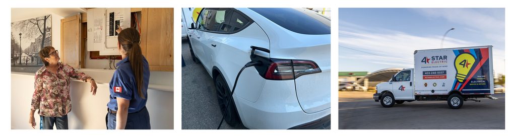 A three panel image: first panel showcasing an electrician chatting with a homeowner about her electrical panel, panel two is an EV being charged, and panel 3 is an image of a 4-Star branded van hitting the road.