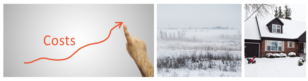 Hand marking the rise in costs on a whiteboard, illustrating the impact of increasing expenses.

Digging into the field during a winter temperature drop, emphasizing the harshness of cold weather.

A home blanketed in snow during winter, representing the challenges of cold seasons.