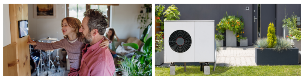 A girl assists her father in lowering the heating temperature on a thermostat, highlighting the concept of sustainable, efficient, and smart home heating technology.

A modern, white, compact heat pump installed in front of a house, showcasing energy-efficient home heating solutions.