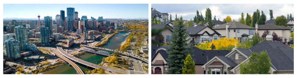 Aerial view of downtown Calgary skyline and Bow River during the autumn season, capturing the vibrant cityscape of Calgary, Alberta, Canada. Close-up of suburban homes set on a hill amidst colourful fall foliage in a Calgary residential neighbourhood.