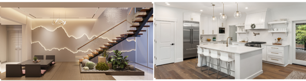 A modern luxury interior design featuring strategically placed lighting that transforms the home, reduces the risk of accidents in dark or dimly lit areas, and enhances the overall mood.
A bright kitchen in a newly constructed home features an island, elegant pendant and ceiling lights, and hardwood floors, alongside a professional electrical assessment that identifies areas with insufficient illumination and outdated fixtures posing safety hazards.