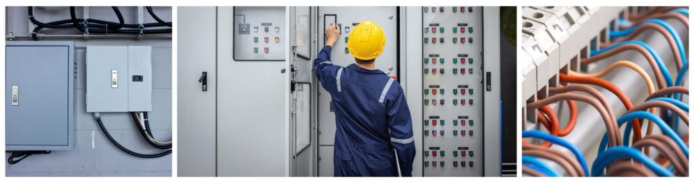 Electrical system inside a building cabinet, showcasing complex power infrastructure.

Electrician worker inspecting power distribution in a control room, ensuring safety and efficiency.

Close-up of electrical wires in a switchgear cabinet, highlighting the importance of proper wiring and maintenance for reliable electrical systems.