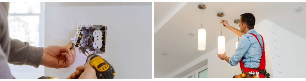 An electrician installs electrical outlets, connecting wires and connectors to the plasterboard drywall in a residential home.
An electrician is installing a ceiling lamp, carefully connecting the fixtures to ensure proper functionality and safety.