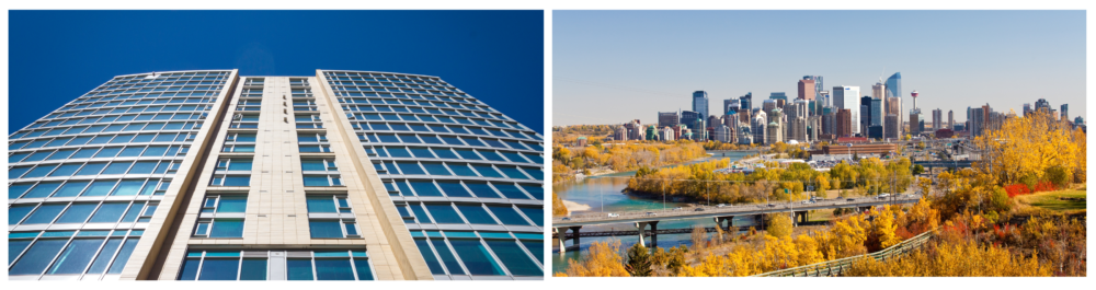 Calgary office buildings and vibrant downtown skyline, emphasizing the importance of reliable backup generators to keep businesses powered and minimize disruptions during unexpected outages.