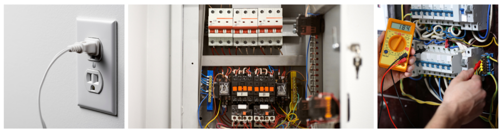 Electrical outlet and power cord on a white background, highlighting the importance of certified inspections to maintain safe and reliable connections for your building’s systems.  

Circuit breaker in switch box controlling voltage in a home.

Electrician measuring voltage in a distribution board, emphasizing the importance of regular professional inspections to verify the health and safety of a building’s electrical systems.