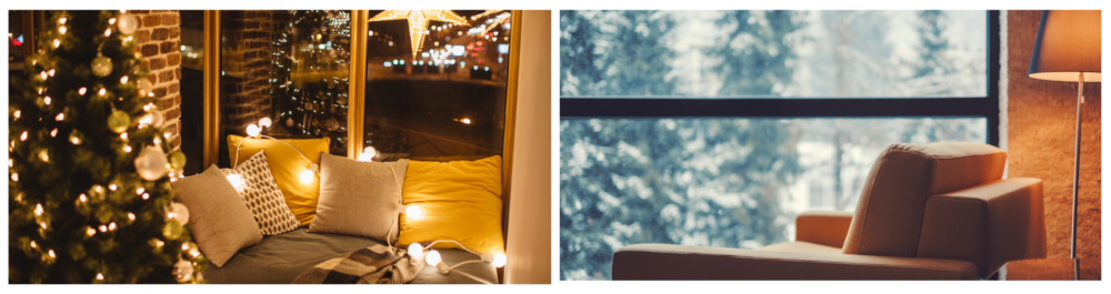 A cozy home interior decorated for Christmas, with lights draped over the sofa and pillows, and a brightly lit Christmas tree adorned with ornaments. The scene highlights the importance of being mindful of the strain on your home's electrical system during the winter.
In another shot, a close-up of an armchair beside a standing lamp, with a wintery landscape visible through the window.