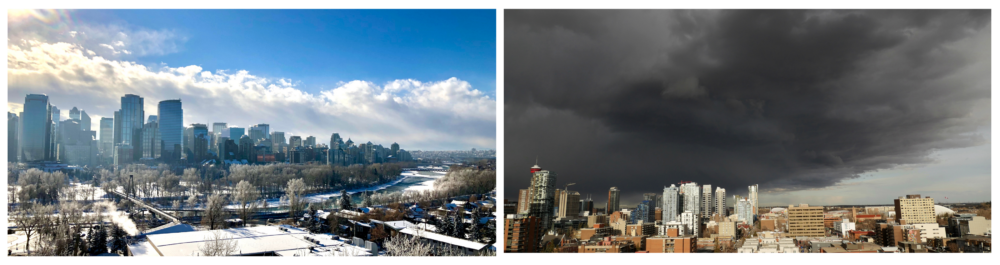 Winter scene of downtown Calgary with snow-covered buildings, followed by an image of dark, stormy clouds signalling an approaching rainstorm. With the Bow River and other major waterways nearby, flooding is a constant concern for residents, especially during heavy rain or spring thaw. Flooding can damage more than just home foundations; electrical systems are also at risk.