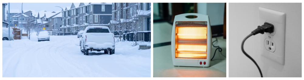 A snow-covered suburban street in Calgary, with below-freezing temperatures and limited sunlight, highlighting the reliance on electricity in winter.
An electric space heater next to a wall outlet illustrates how space heaters offer localized warmth. However, improper use can reduce efficiency and increase fire risk.