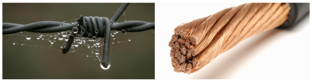 Image of a spiderweb with water droplets on barbed wire alongside heavy-duty copper electrical wire. Water exposure to electrical components, such as wiring, outlets, or panels, can lead to short circuits and a higher risk of electrical fires. Over time, continuous moisture can corrode connections and wires, causing instability and potential system failures.