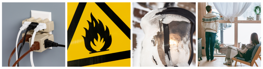 An electrical outlet overloaded with extension cords and adapters, posing a fire hazard and risk of circuit overload. A yellow and black fire hazard warning sign emphasizes the danger.
An outdoor light fixture covered in snow during a blizzard.
A young couple in sweaters relaxes indoors, looking out at the snow-covered landscape. The image emphasizes the need for a reliable power supply for home safety.