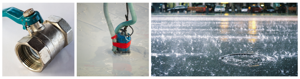 Image of a backflow valve preventing water from reversing direction, paired with a sump pump removing water, and a city street during heavy rain. Installing a backflow valve or sump pump can help protect your home and electrical systems from floodwater. These devices block and redirect water, preventing sewer and stormwater from backing up into your home during heavy rain or floods.