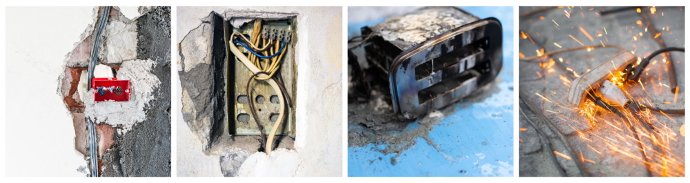 Exposed live wires on an exterior wall.
A household toaster burned on the ground, covered in water, signaling an electrical emergency.
Sparks coming from an electrical outlet, indicating a short circuit.