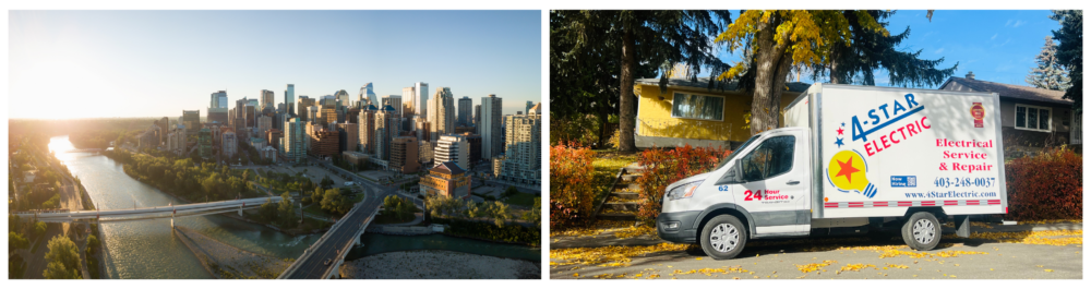 Aerial panoramic view of downtown Calgary, Alberta, with the Bow River at sunrise, paired with an image of a 4-Star Electric truck parked in a residential area, brightly lit and surrounded by fall leaves. 4-Star Electric provides 24/7 emergency service throughout the greater Calgary area, along with industry-leading repair and replacement guarantees and a 100% satisfaction promise.