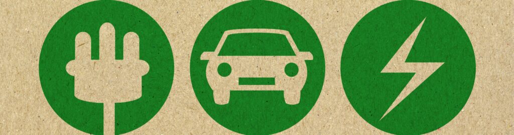 Three icons depicting charging, car, and power