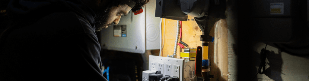 A close up image of a 4-Star Electric electrician inspecting a home's electrical system. Electrical inspections are important for safety and performance.
