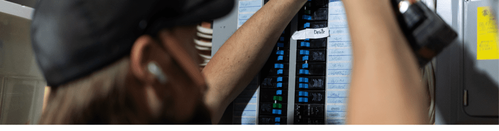 A close up image of an electrician working on an electrical panel to ensure it can handle the additional load of the renovation.