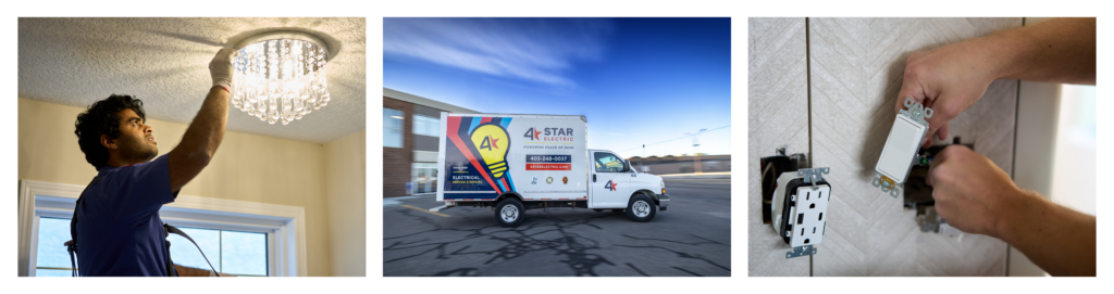 4 Star Electric Team installing a light, a truck driving, and a tech showing a light switch and plug-in.