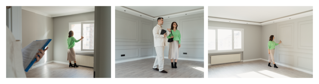 Woman touring a potential home, looking around the different rooms looking for any problems prior to buying the house.