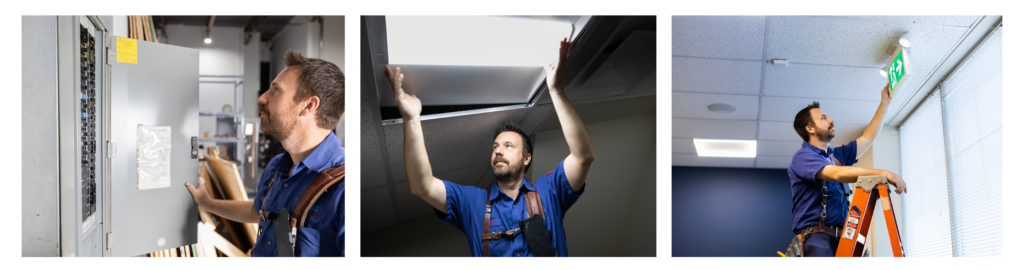 Three images of 4 Star technicians working in a commercial building. One image shows a technician at a circuit breaker, one installing a light, and the last one hanging a sign.