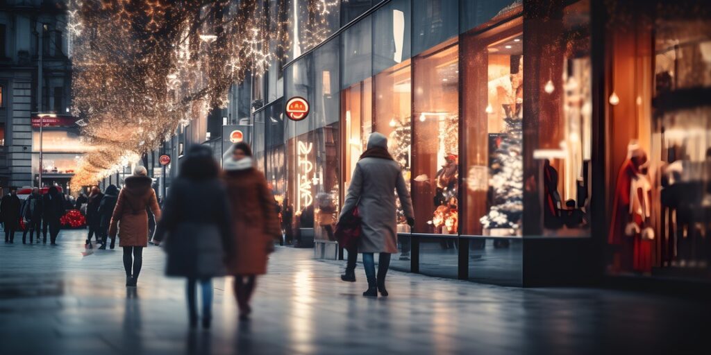 Shoppers buying Christmas lights from mall during holiday season