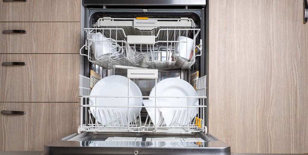 A full dishwasher of clean dishes.