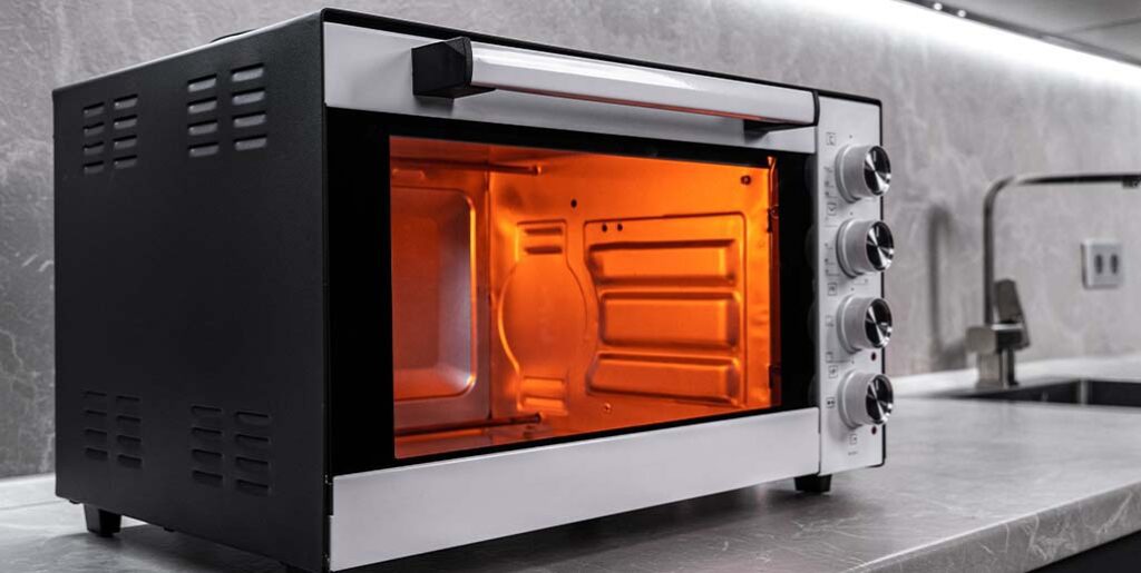 A glowing orange convection toaster oven.