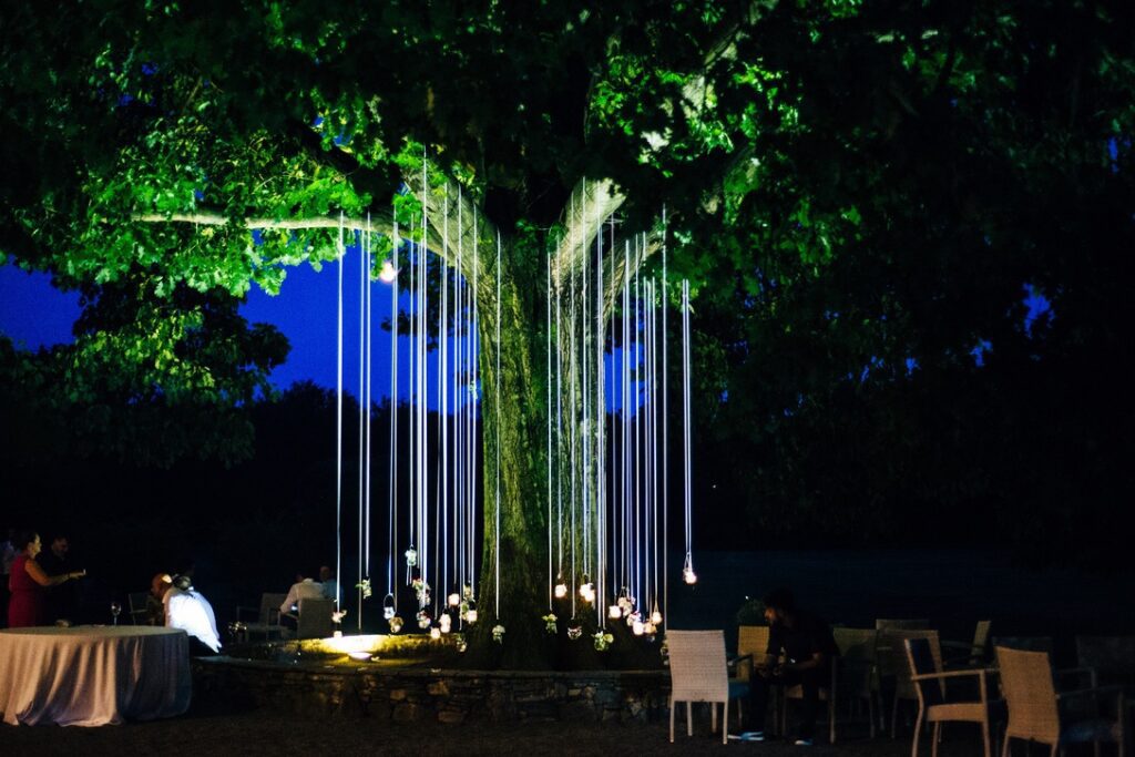 candles hanging from an oak light up the garden at night for party