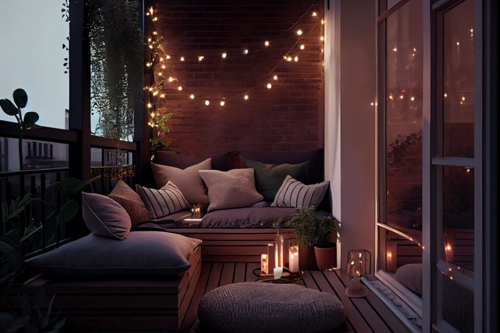 A cozy seating area on the balcony with a comfortable chair, table and candles. 