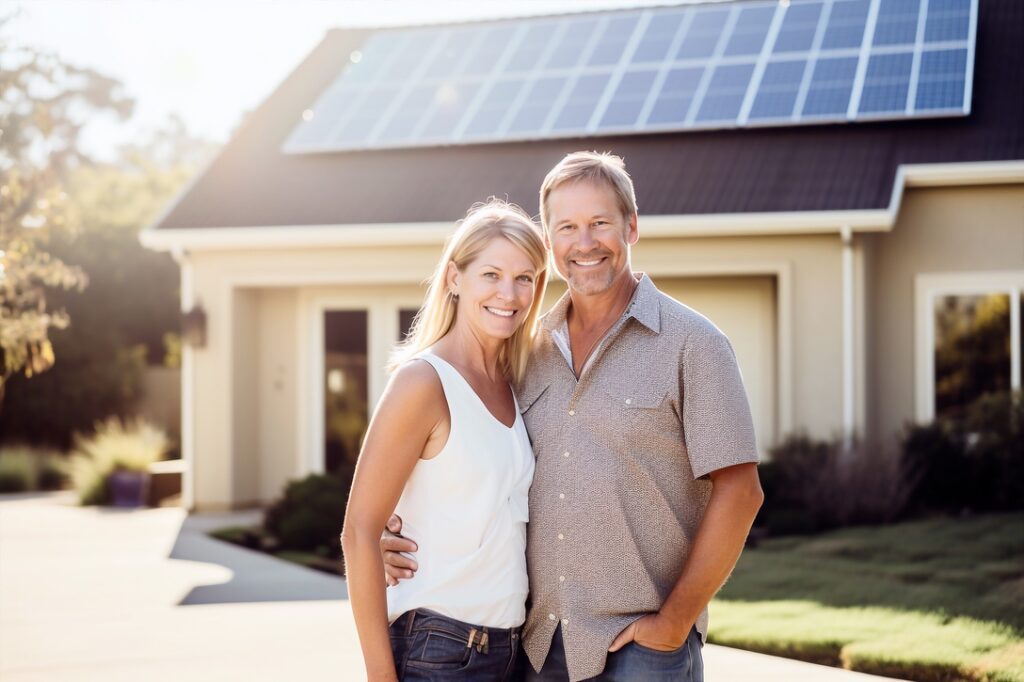 Happy couple standing outside home with electrical panel upgrade to support solar panels