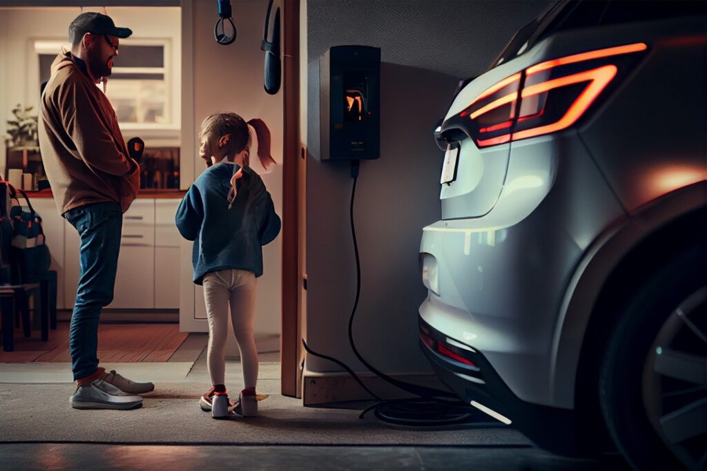 Father and daughter standing in garage while EV charges nearby