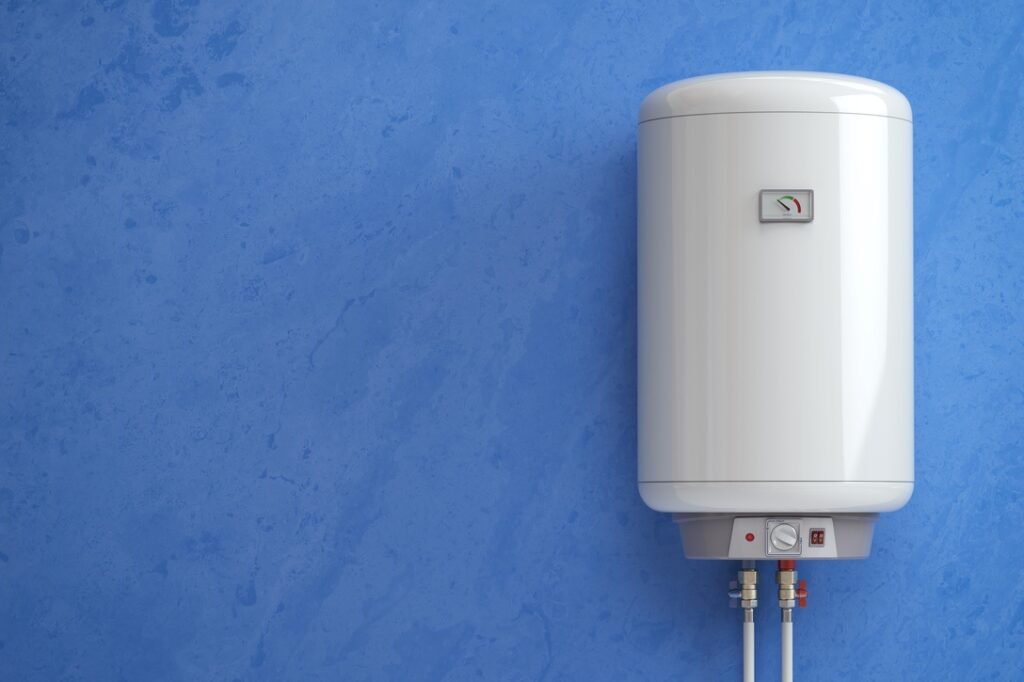 Water heater in home on blue wall