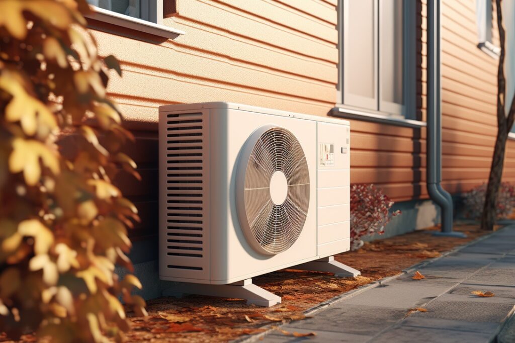 Electric heat pump outside Calgary home in autumn