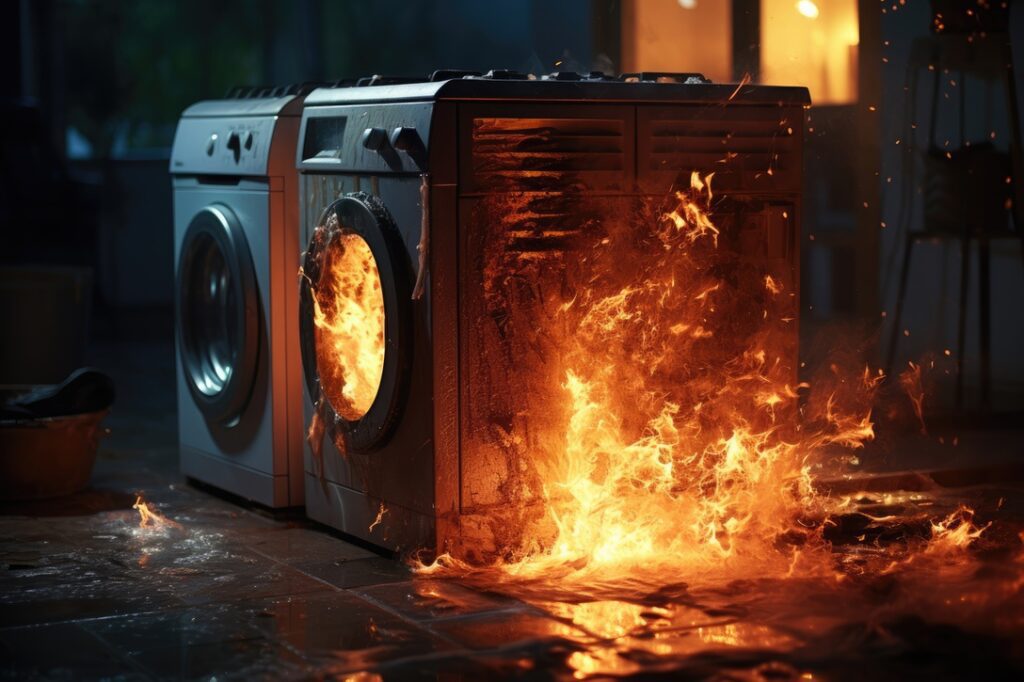 Burning washing machine in the house due to a short circuit and damaged wiring